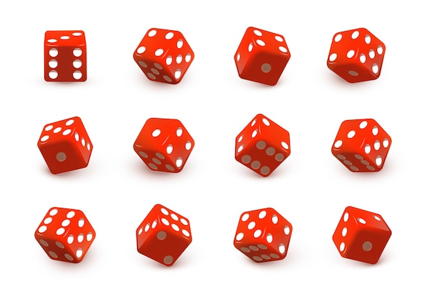 Vector cubos de dados rojos para juegos de azar rodando y lanzando números aleatorios con puntos aislados en blanco