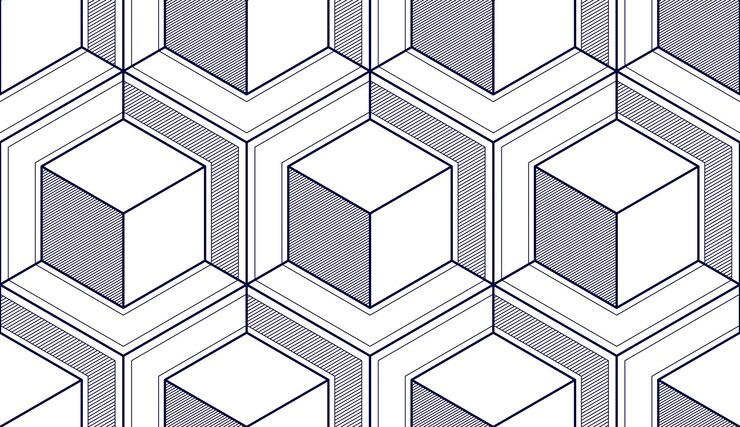 Vector cubos geométricos abstractos de patrones sin fisuras, fondo vectorial 3d. línea de ingeniería de estilo tecnológico dibujando ilustraciones infinitas. un solo color, blanco y negro. utilizable para tela, papel tapiz, envoltura,