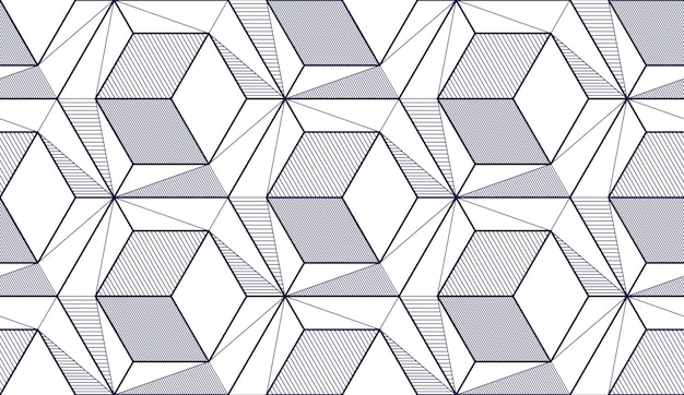 Cubos geométricos abstractos de patrones sin fisuras, fondo vectorial 3d. Línea de ingeniería de estilo tecnológico dibujando ilustraciones infinitas. Un solo color, blanco y negro. Utilizable para tela, papel tapiz, envoltura,
