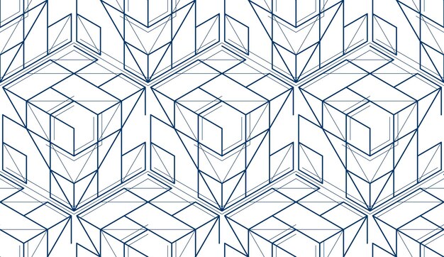 Cubos geométricos abstractos de patrones sin fisuras, fondo vectorial 3d. Línea de ingeniería de estilo tecnológico dibujando ilustraciones infinitas. Un solo color, blanco y negro. Utilizable para tela, papel tapiz, envoltura,
