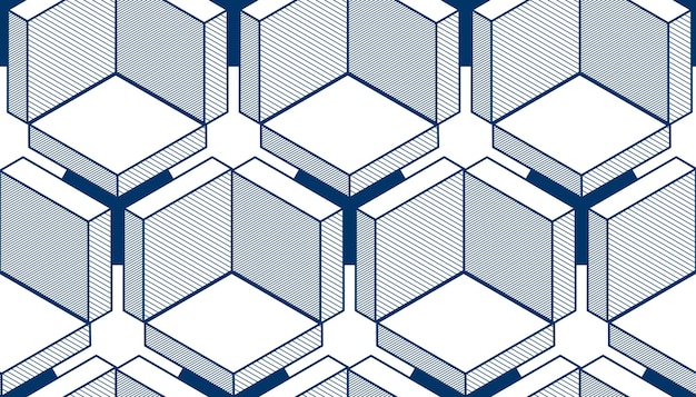 Cubos geométricos abstractos de patrones sin fisuras, fondo vectorial 3d. Línea de ingeniería de estilo tecnológico dibujando ilustraciones infinitas. Un solo color, blanco y negro. Utilizable para tela, papel tapiz, envoltura,