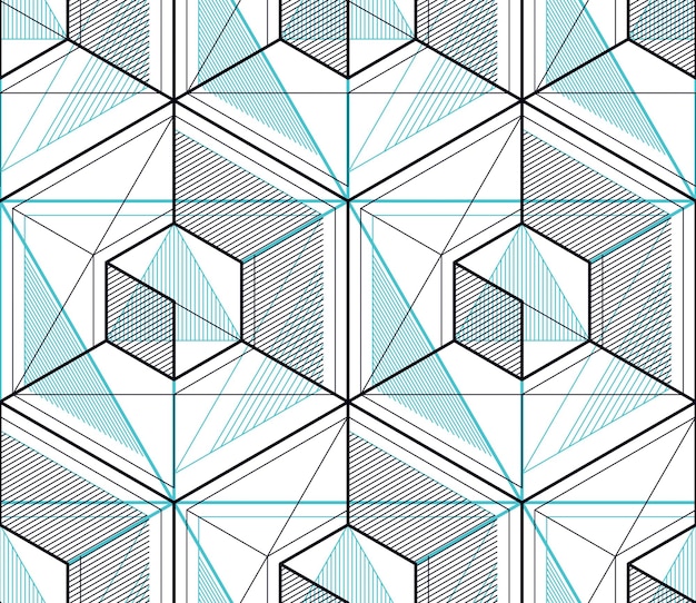 Cubos geométricos abstractos de patrones sin fisuras, fondo vectorial 3d. Línea de ingeniería de estilo tecnológico dibujando ilustraciones infinitas. Utilizable para tela, papel tapiz, envoltura, web e impresión.