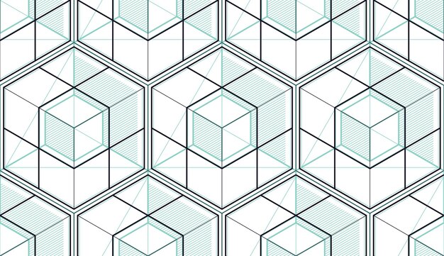 Cubos geométricos abstractos de patrones sin fisuras, fondo vectorial 3d. Línea de ingeniería de estilo tecnológico dibujando ilustraciones infinitas. Utilizable para tela, papel tapiz, envoltura, web e impresión.