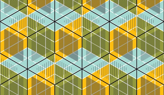 Cubos geométricos abstractos de patrones sin fisuras, fondo vectorial 3d. Línea de ingeniería de estilo tecnológico dibujando ilustraciones infinitas. Utilizable para tela, papel tapiz, envoltura, web e impresión.