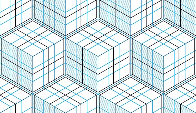 Cubos geométricos abstractos de patrones sin fisuras, fondo vectorial 3d. Línea de ingeniería de estilo tecnológico dibujando ilustraciones infinitas. Utilizable para tela, papel tapiz, envoltura, web e impresión.