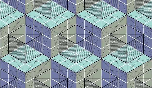 Cubos geométricos abstractos de patrones sin fisuras, fondo vectorial 3d. Línea de ingeniería de estilo tecnológico dibujando ilustraciones infinitas. Utilizable para tela, papel tapiz, envoltura, web e impresión.