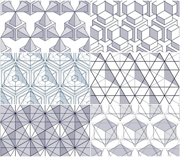 Cubos geométricos resumen conjunto de patrones sin fisuras, colección de fondos de vector 3d. Línea de ingeniería de estilo tecnológico dibujando ilustraciones interminables. Utilizable para tela, papel tapiz, envoltura. De un solo color,