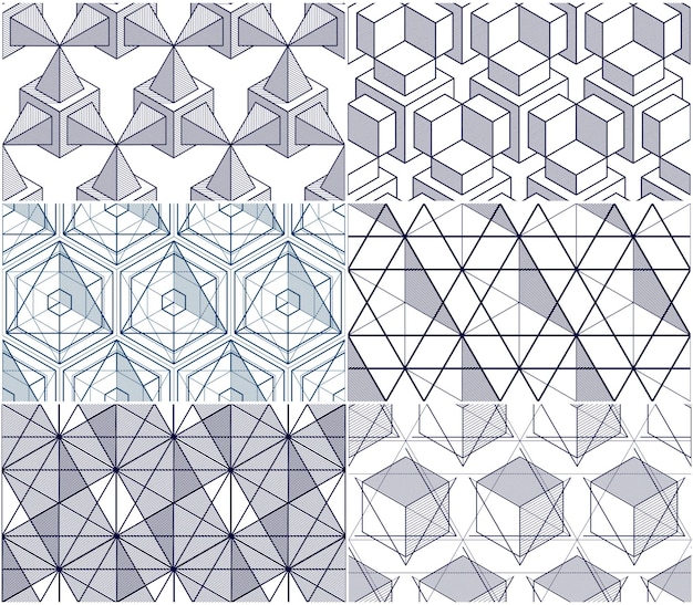 Cubos geométricos resumen conjunto de patrones sin fisuras, colección de fondos de vector 3d. línea de ingeniería de estilo tecnológico dibujando ilustraciones interminables. utilizable para tela, papel tapiz, envoltura. de un solo color,