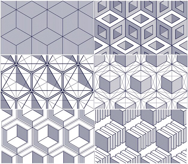 Cubos geométricos resumen conjunto de patrones sin fisuras, colección de fondos de vector 3d. Línea de ingeniería de estilo tecnológico dibujando ilustraciones interminables. Utilizable para tela, papel tapiz, envoltura. De un solo color,