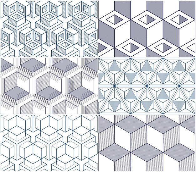 Cubos geométricos resumen conjunto de patrones sin fisuras, colección de fondos de vector 3d. línea de ingeniería de estilo tecnológico dibujando ilustraciones interminables.