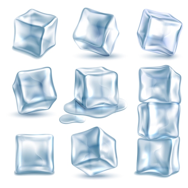 Vector cubos de hielo 3d piezas de hielo diferentes ángulos para bebidas frías transparentes congelados y derretidos bloques de agua clara enfriamiento de bebidas pirámide de objetos acuáticos glaciales vector aislado en conjunto de fondo blanco