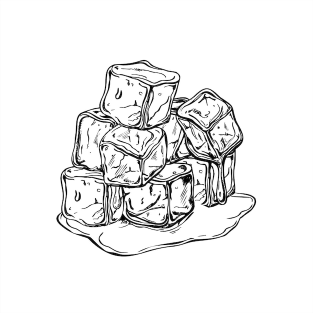 Cubos de hielo apilados derritiéndose en un charco de agua ilustración vectorial monocromática de ladrillo de congelador de cristal boceto gráfico para envases de bebidas menús de bares cambio climático diseño visual o refrescante de verano