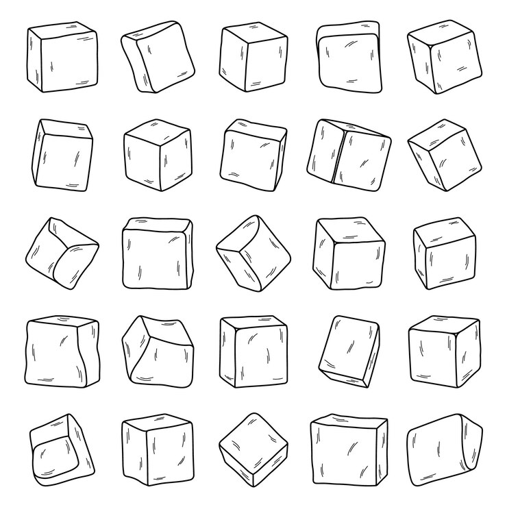 Vector cubos de hielo conjunto boceto de cubos de cristal congelar agua para cócteles bebida limonada para enfriar