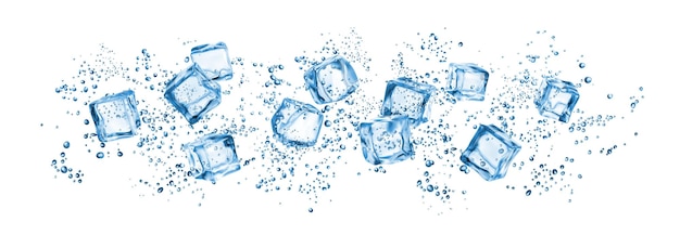 Vector cubos de hielo realistas y salpicaduras de gotas de agua skinali