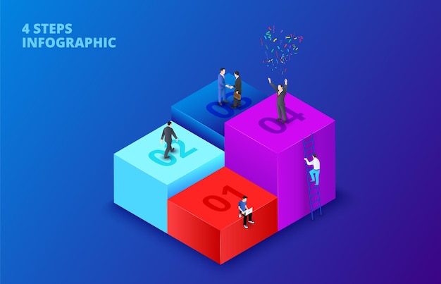 Cubos isométricos vectoriales con personas infográficos en un fondo azul oscuro