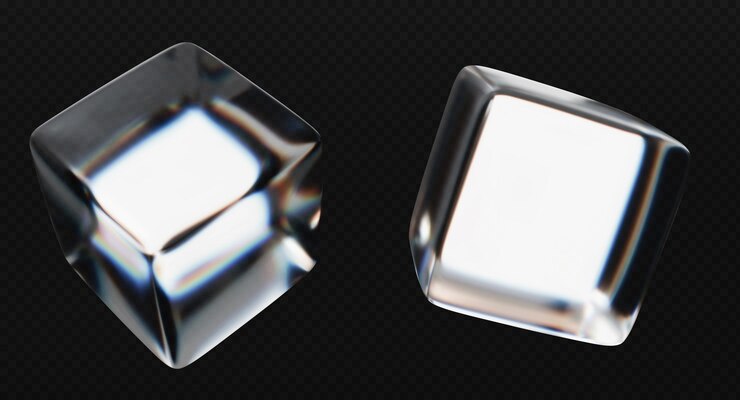 Vector los cubos de vidrio con refracción y efecto holográfico aislados sobre un fondo negro hacen transparente