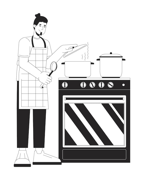Cubriendo la olla con una tapa mientras se cocina Ilustración plana de dibujos animados en blanco y negro