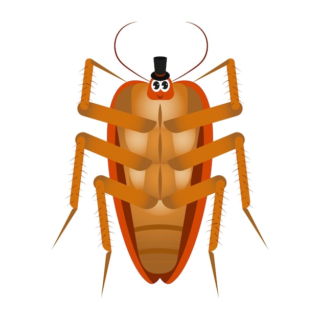 Una cucaracha sonriente con un sombrero negro. Imagen vectorial sobre un fondo blanco.