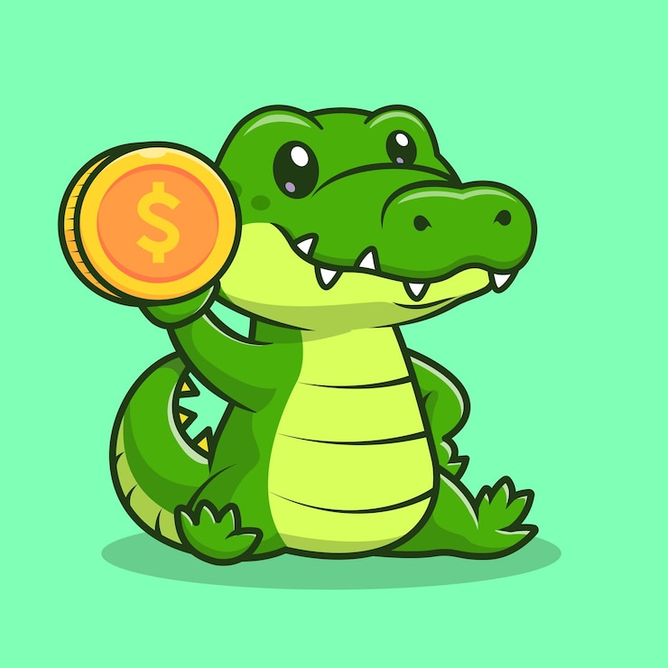 Vector cucero cocodrilo sosteniendo moneda de oro icono vectorial de dibujos animados ilustración icono de finanzas animales aislado plano