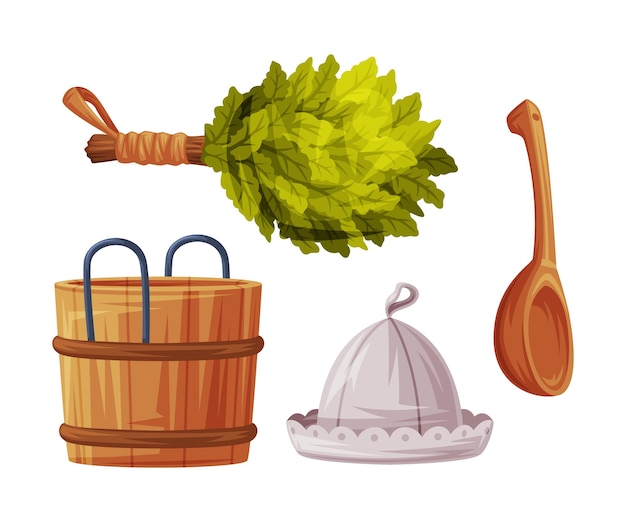 Cuchara de barril de madera y escoba de roble para sauna como símbolo de Finlandia e ilustración vectorial de atributos