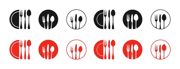 Cuchara, cuchillo, cucharón y plato Iconos de platos de mesa de estilo plano Colección de servicio de cena Plato