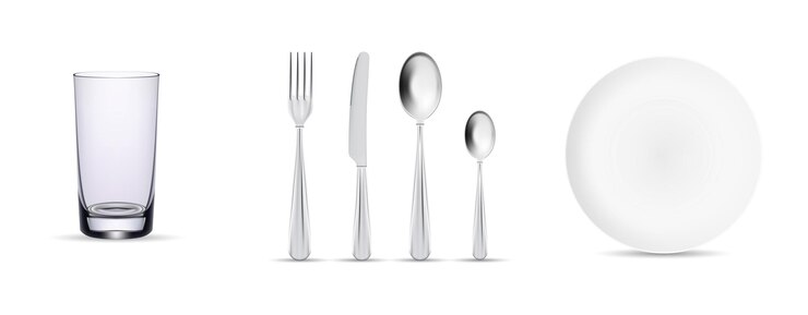Vector cuchara y cuchillo de tenedor de acero de placa redonda vacía realista sobre ilustración de vector de fondo blanco