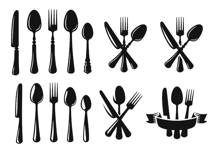 Vector cuchara cuchillo y tenedor negro.