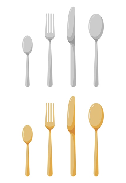 Cuchara cuchillo y tenedor vajilla aislado en fondo blanco conjunto de iconos dibujos animados plata y oro cocina comer herramientas silueta estilo plano vector ilustración