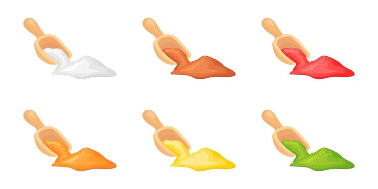 Vector cuchara de especias indias cuchara de madera de polvo de primer plano colorido cuchara rústica cucharas de condimentos de hierbas polvos cucharón sal cacao arroz o soda curry pimienta azúcar ilustración vectorial