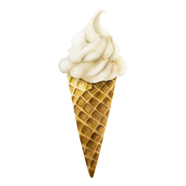 Una cuchara de helado de vainilla en un cono de waffle crujiente Pintura a mano ilustración de acuarela dulce aislado