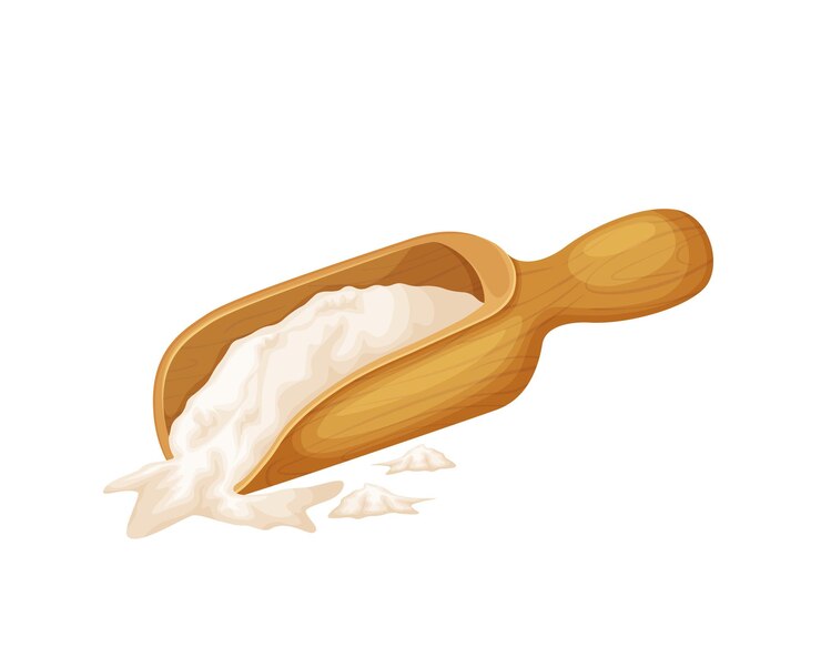 Vector cuchara de madera con harina de harina para la preparación de productos de panadería en una cuchara de madera cuchara de madera