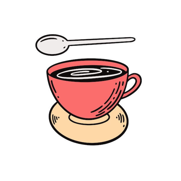 Cuchara y taza de café rojo. estilo de garabato de dibujos animados coloridos dibujados a mano.