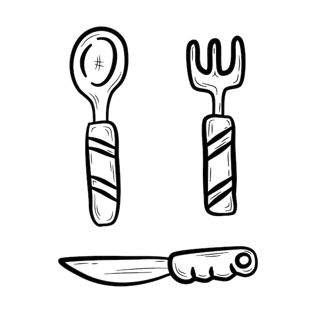 Cuchara, tenedor y cuchillo dibujados a mano. Utensilios de cocina para comer. Ilustración vectorial en estilo garabato