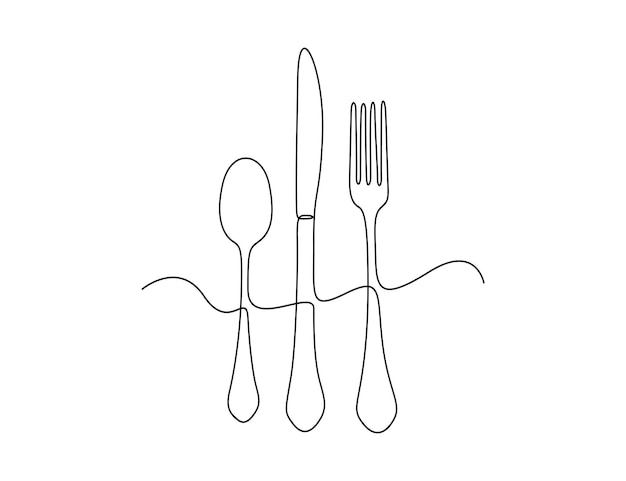 Cuchara, tenedor y cuchillo, dibujo continuo de una línea, ilustración premium