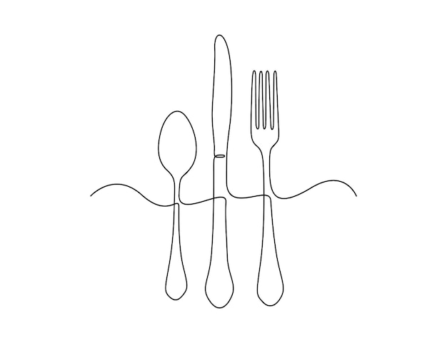 Cuchara, tenedor y cuchillo, dibujo continuo de una línea, ilustración premium
