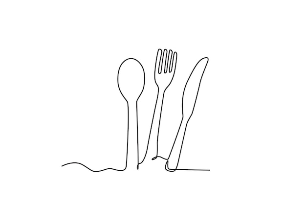Una cuchara, tenedor y cuchillo. Dibujo oneline de herramientas de cocina y cocina.