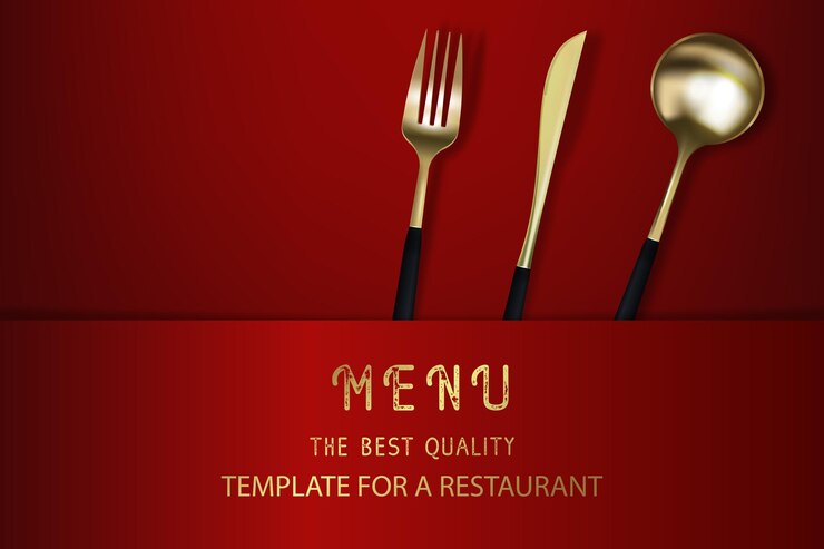 Vector cuchara y tenedor dorado 3d realista afiche moderno de moda para un restaurante