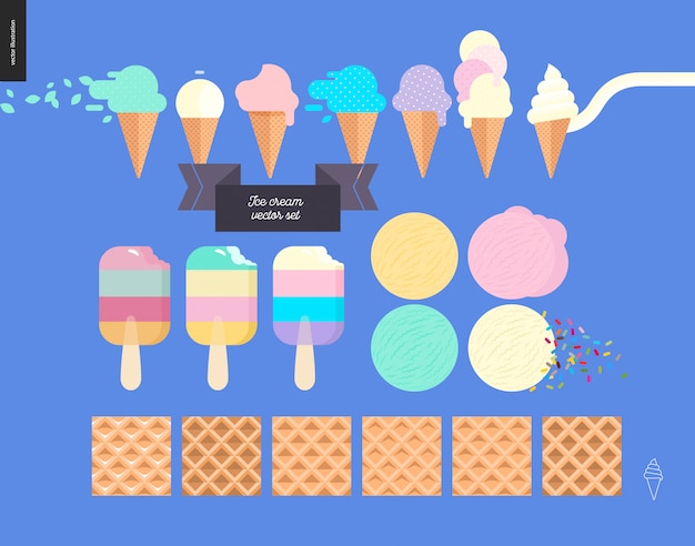 Cucharadas de helado en conjunto de conos de waffle - ilustración vectorial de dibujos animados planas de paletas de helado, helados, vainilla, menta, rosa, púrpura y fruta, waffle, asperja