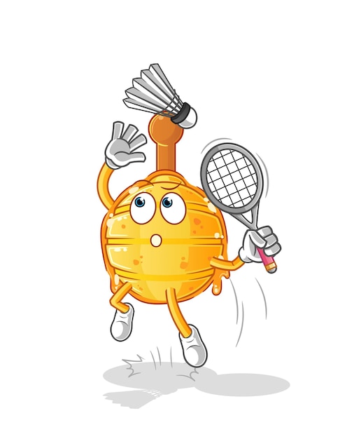 Cucharón de miel de madera aplastar en vector de mascota de dibujos animados de dibujos animados de bádminton