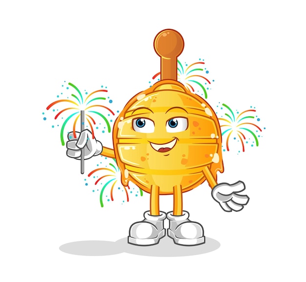 Cucharón de miel de madera con mascota de fuegos artificiales. vector de dibujos animados