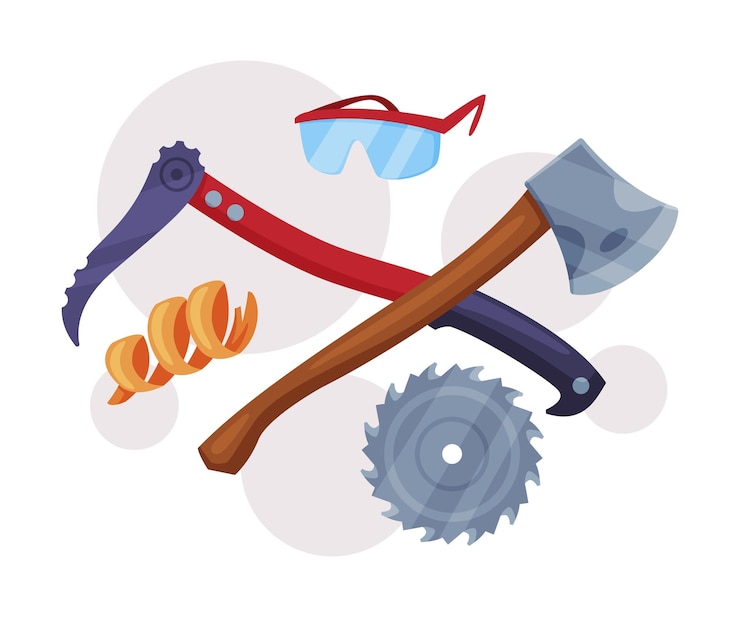 Vector cuchilla dentada y hacha con mango de madera como instrumento de corte de madera composición vectorial