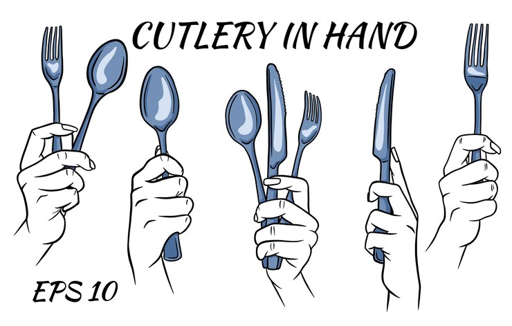 Vector cuchillería. tenedor, cuchara y cuchillo en mano. estilo de dibujos animados.