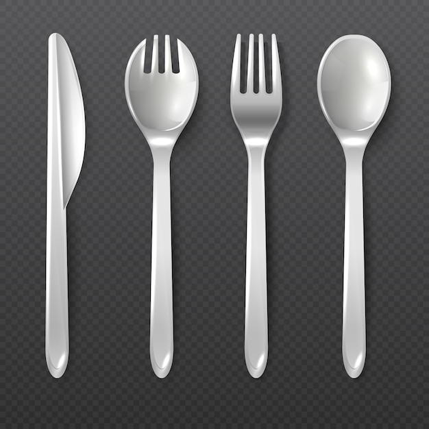 Cuchilleros, tenedor y cuchillo de plástico blanco desechables aislados vector cubiertos. Ilustración de herramienta de plástico para comedor, tenedor y cuchara de cuchillo de mesa.