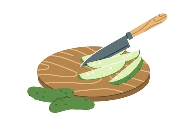 Cuchillo afilado cortando verduras en trozos. partir el pepino en cuartos en la placa de cocina de madera. preparación de alimentos para cocinar. ilustración de vector plano de vegetales aislado sobre fondo blanco.