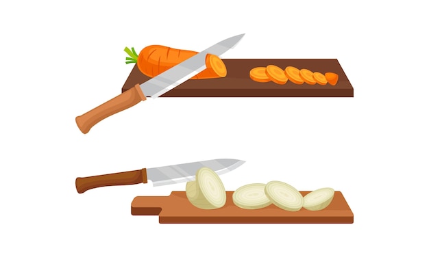 Cuchillo afilado para cortar verduras en tabla de corte de madera Conjunto vectorial