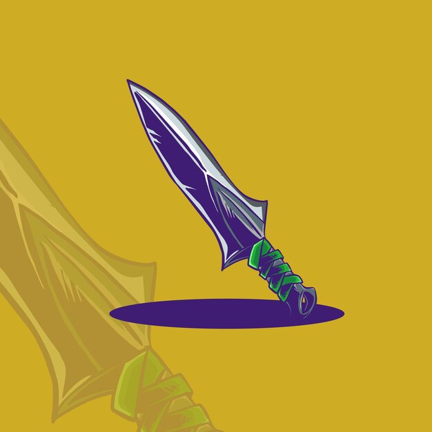 Un cuchillo amarillo con un mango azul está sobre un fondo amarillo para el diseño del logotipo y la camiseta