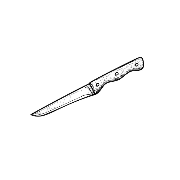 Cuchillo para bistec con mango de madera Carnicero y utensilio de cocina Herramienta de chef Dibujo de estilo de boceto dibujado a mano Ilustración vectorial