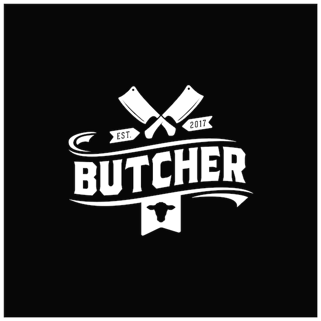 Cuchillo de carnicero cruzado con cabeza de Angus para el diseño del logotipo de la etiqueta de la carnicería retro vintage