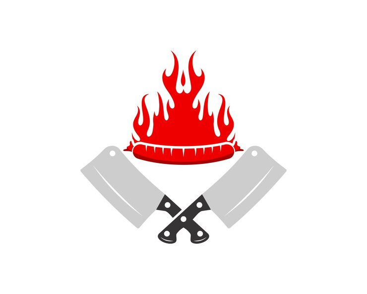 Vector cuchillo de carnicero cruzado con salchicha y fuego en la parte superior