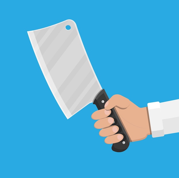 Cuchillo de carnicero en mano. Cuchillo de cocina para carnes. Ilustración de vector de estilo plano.